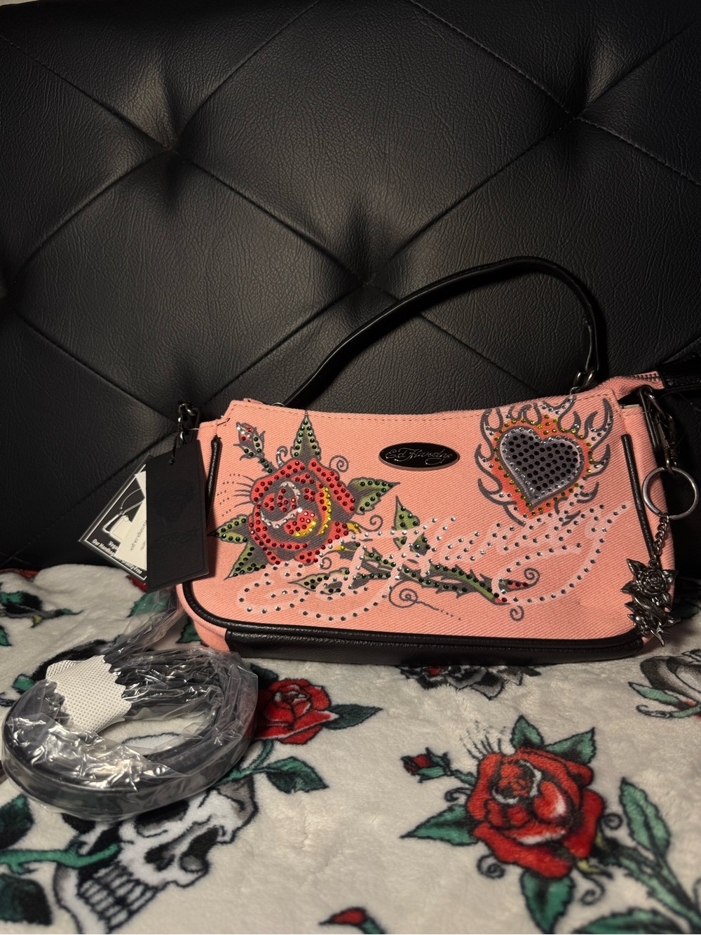 Ed Hardy Pink Embellished Floral Heart Shoulder Bag